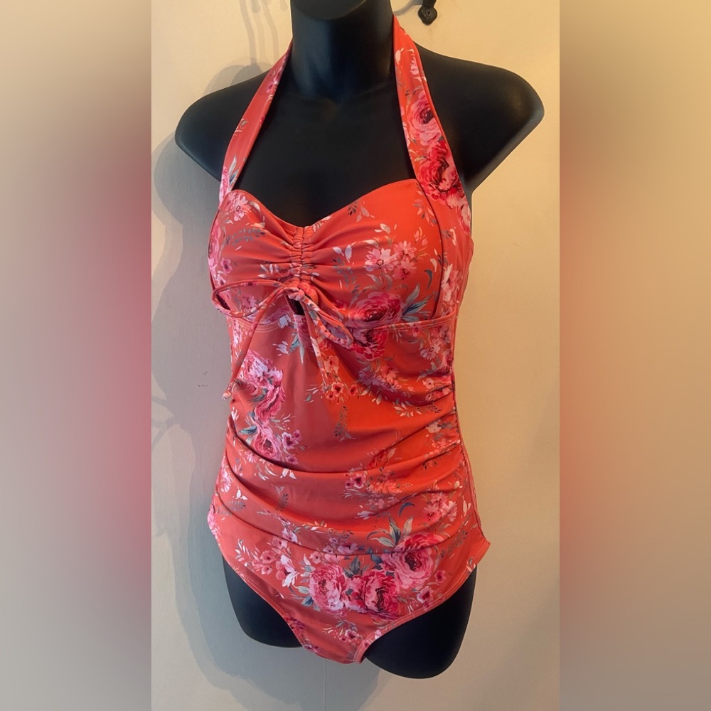 Orange Floral One Piece Swimsuit Size Small